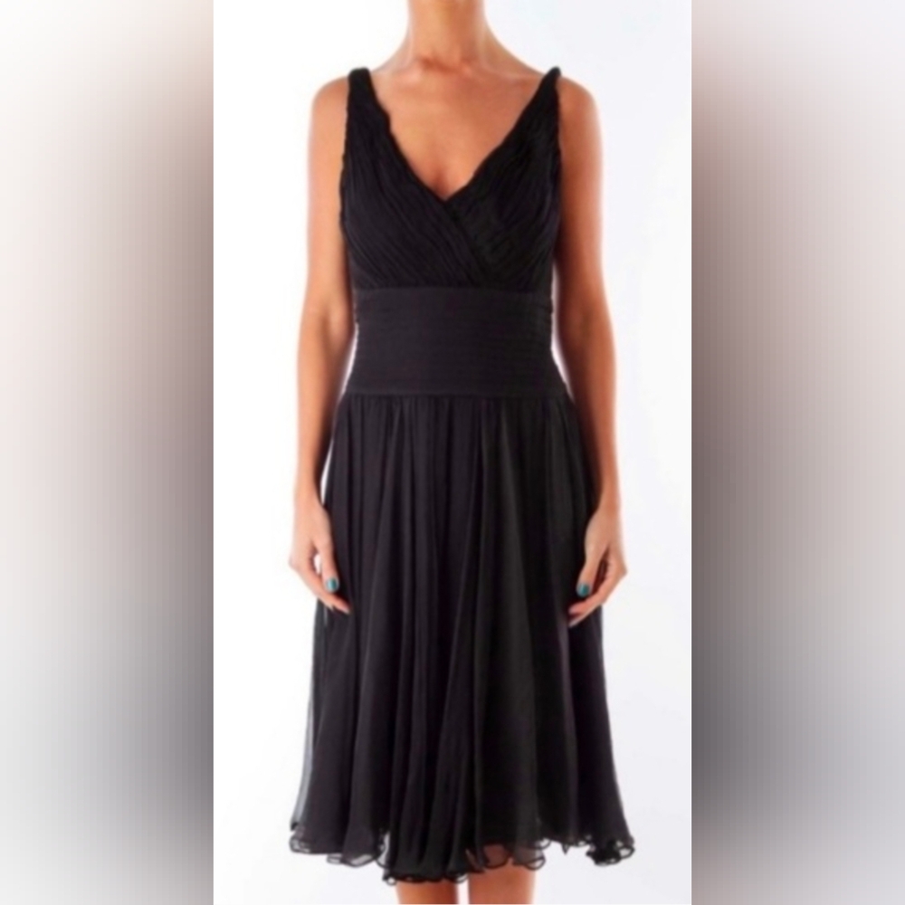 Tadashi Shoji Vintage Black Silk Deep V Neck Chiffon Dress